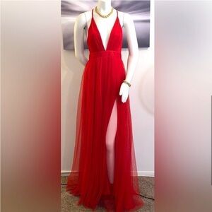 TALL Red Tulle Maxi Dress w/ Leg Slits